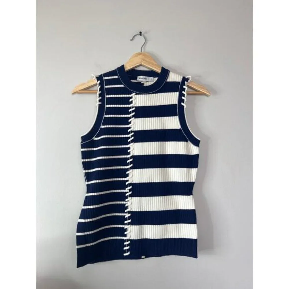 NEW Simkhai Joelene Asymmetric Fitted Striped Wool-Blend Top Navy Blue Size: XS - Picture 2 of 7